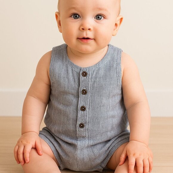 The Simple Folk French Stripe Blue White Linen Romper 18-24M NWT Organic Cotton - Picture 1 of 5